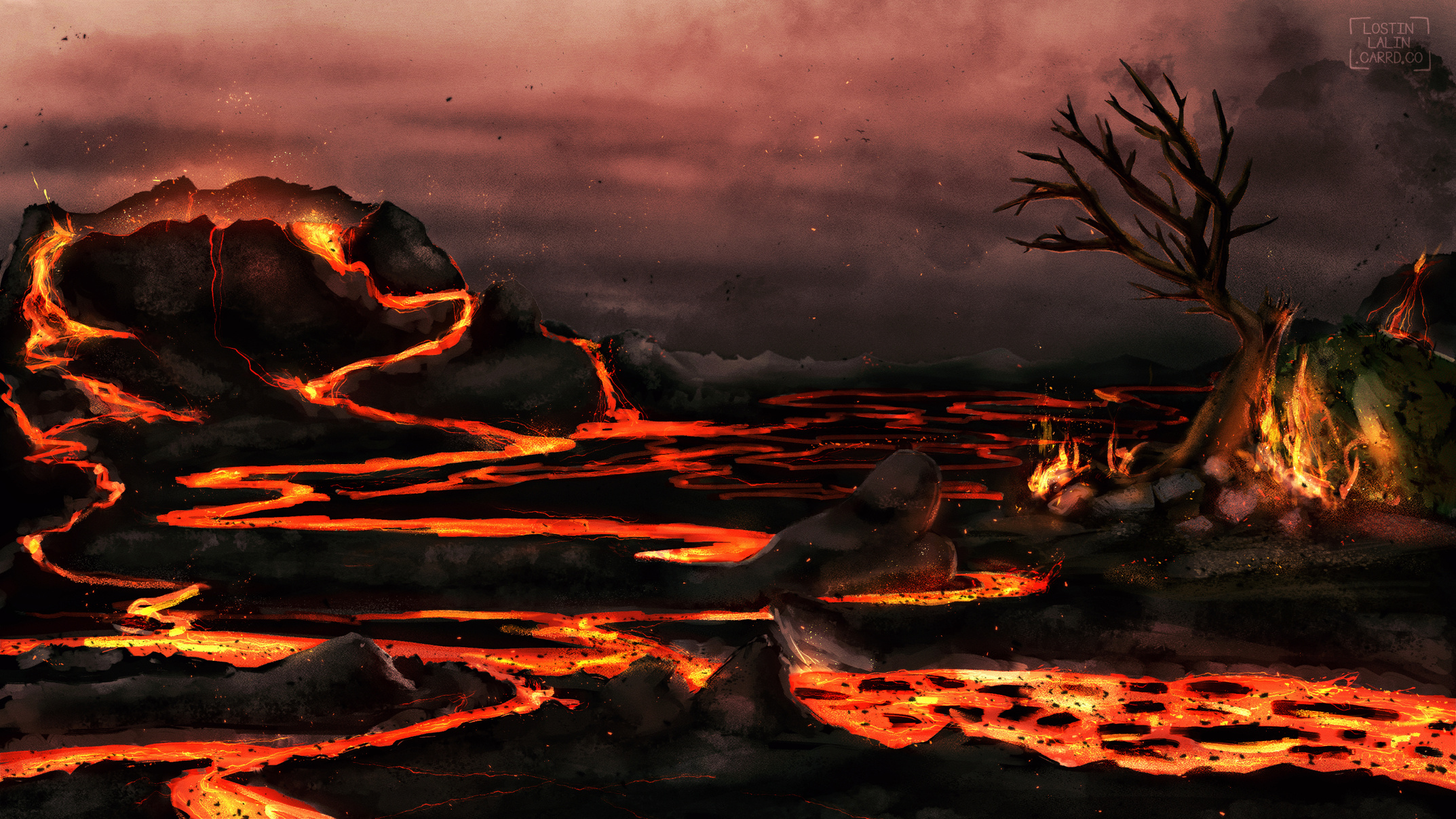 plains of black rock spiderwebbed with rivers of lava and a burning tree & bush.