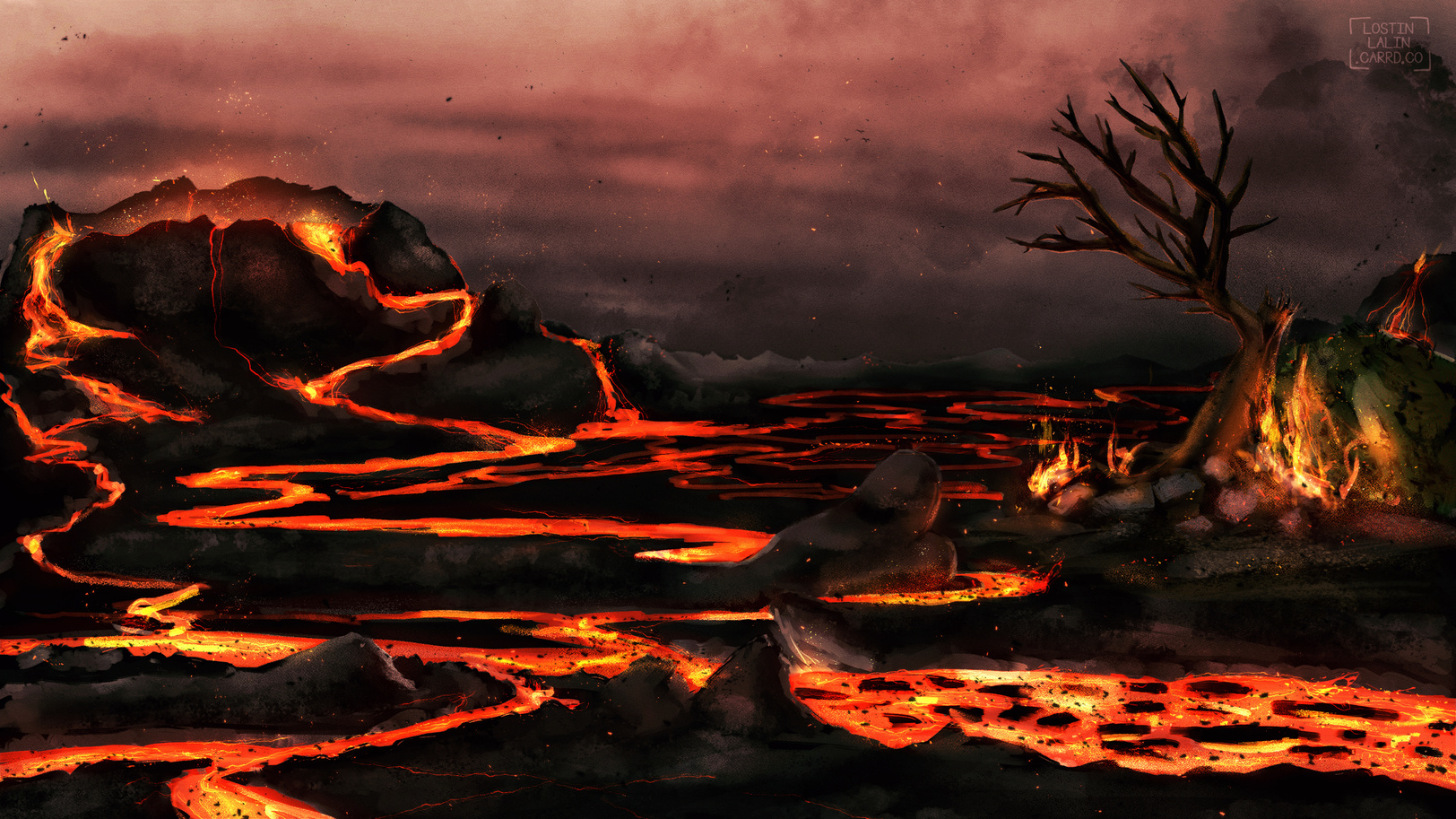 plains of black rock spiderwebbed with rivers of lava and a burning tree & bush.